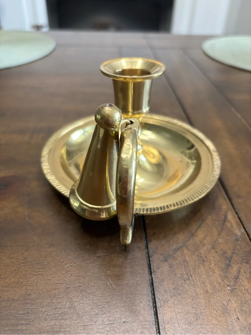 Vintage brass chamberstick candle holder with snuffer